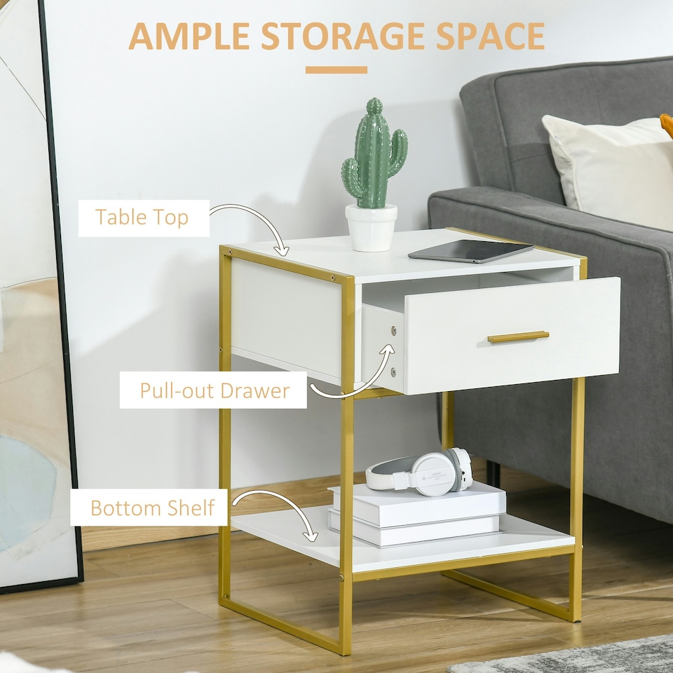 image 1 of HOMCOM Modern Bedside Table, Nightstand with Drawer Shelf White