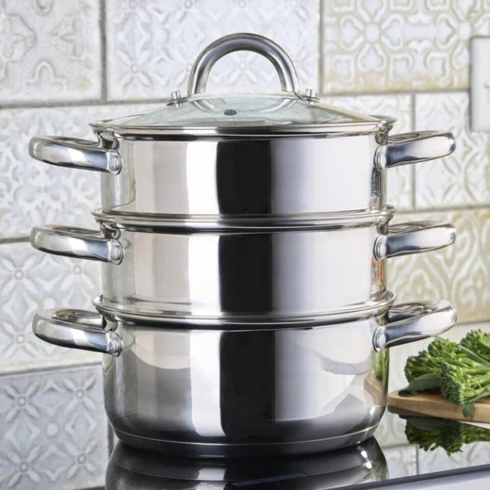 image 1 of Cooks Professional 3 Tier Stainless Steel Steamer Pan - Suitable for All Hobs Inc Induction - Dishwasher Safe - 24cm Diameter
