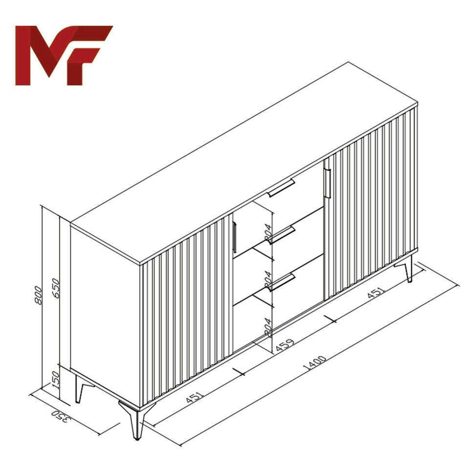 image 1 of Bold sideboard 140cm grey ribbed fronts gold accents | Grey