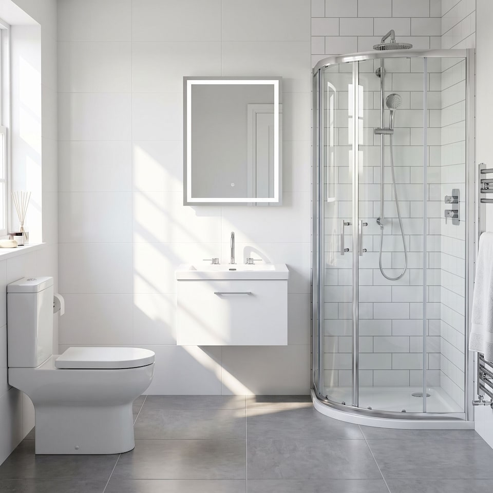 image 1 of Balterley Pershall Contemporary Wall Hung 1 Drawer Vanity Unit with 3 Tap Hole Fireclay Basin, 600mm, Matt White