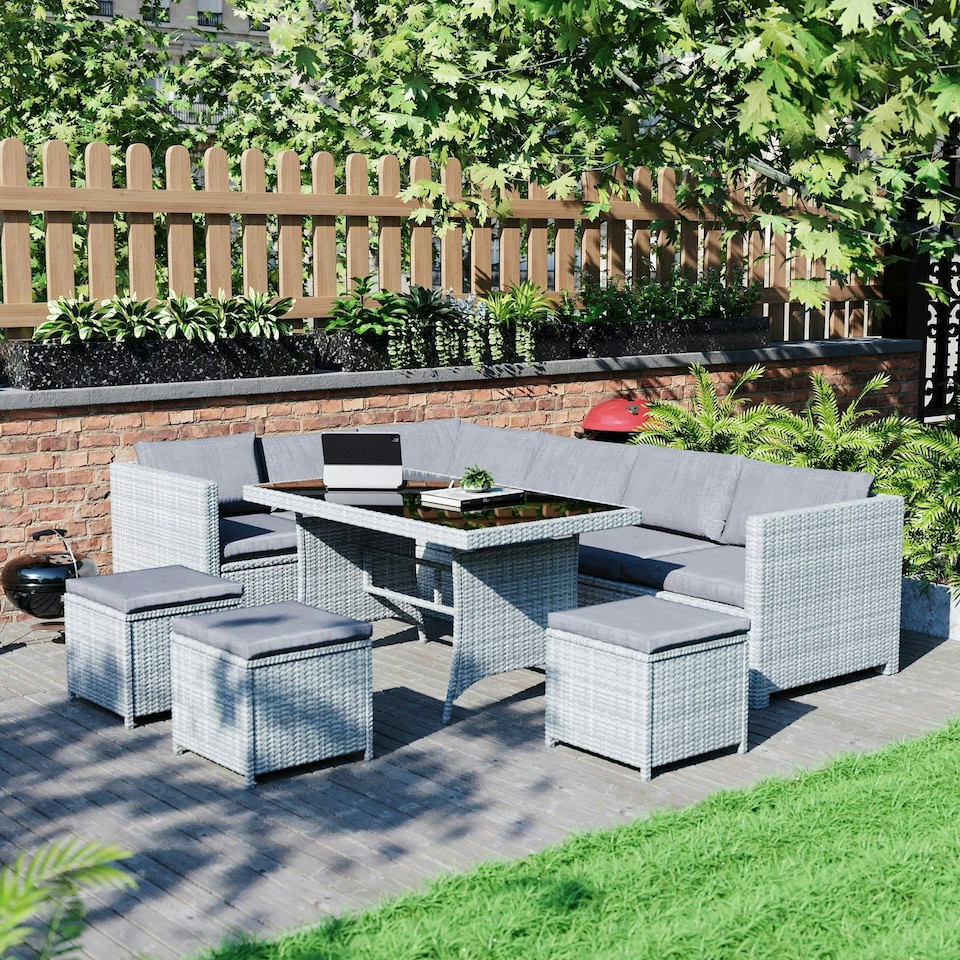 image 1 of Garden Vida Belgrave 9 Seater Rattan Set Sofa Stool Dining Table Ourdoor Garden Furniture, Grey