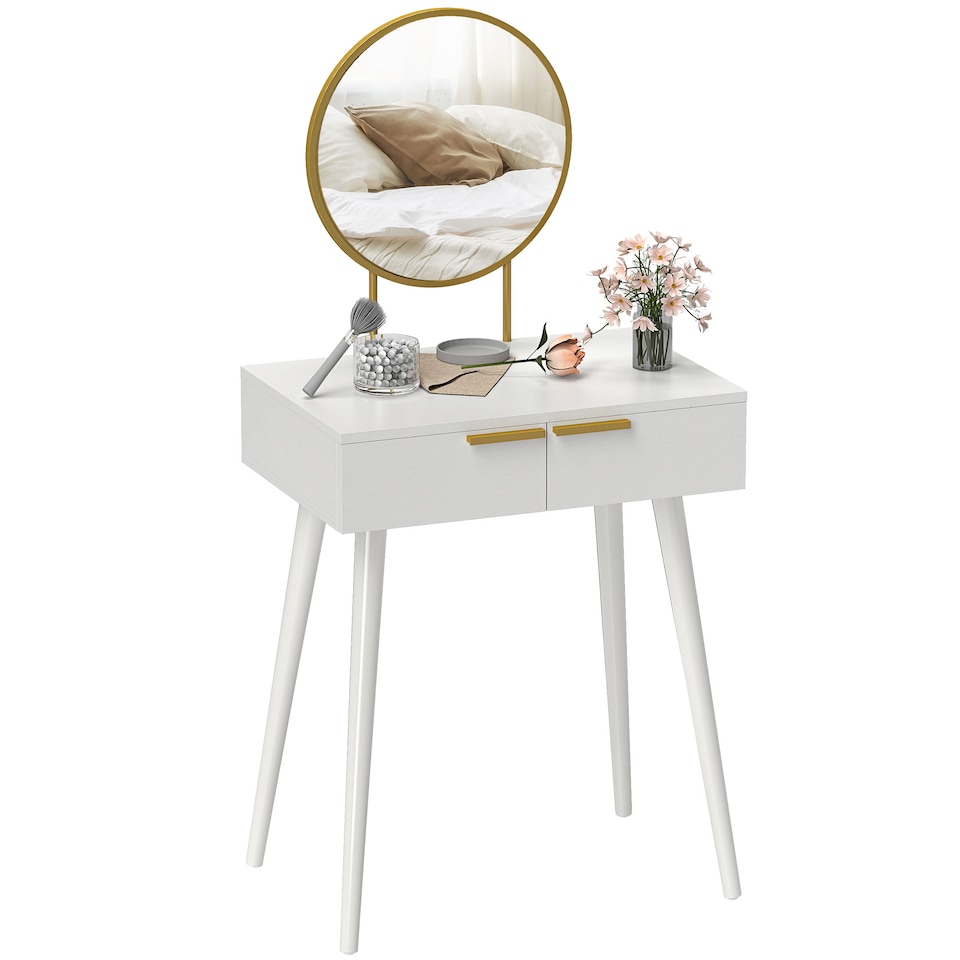 image 1 of HOMCOM Modern Dressing Table with Round Mirror, Makeup Vanity Table with 2 Drawers for Bedroom, Living Room, 60 x 40 x 123 cm, White | White | White