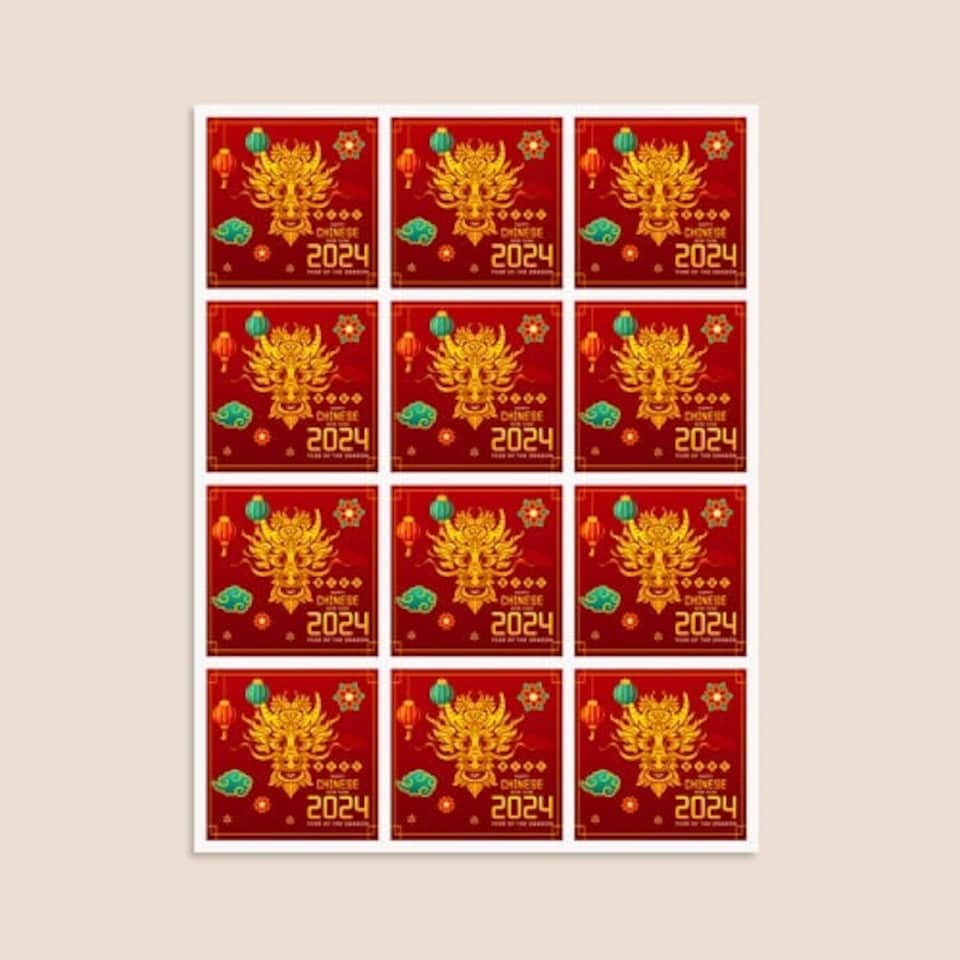 image 1 of Happy Chinese New Year 2024 Dragon Design Square Stickers 65mm - Sheet of 12