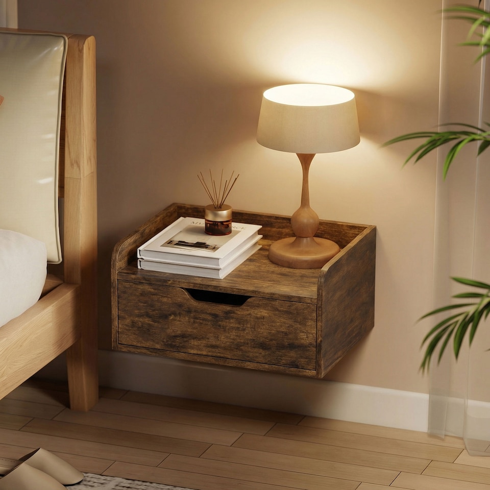 image 1 of HOMCOM Floating Nightstands Set of 2, Nightstand with Drawer | Brown | Natural wood | 40W x 30D x 19.5H cm