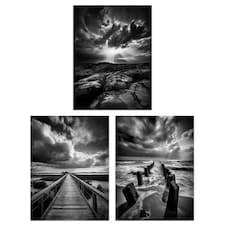 Set of 3 Clouds Black White Photographs Dramatic Coastal Landscapes Wall Art Print A4