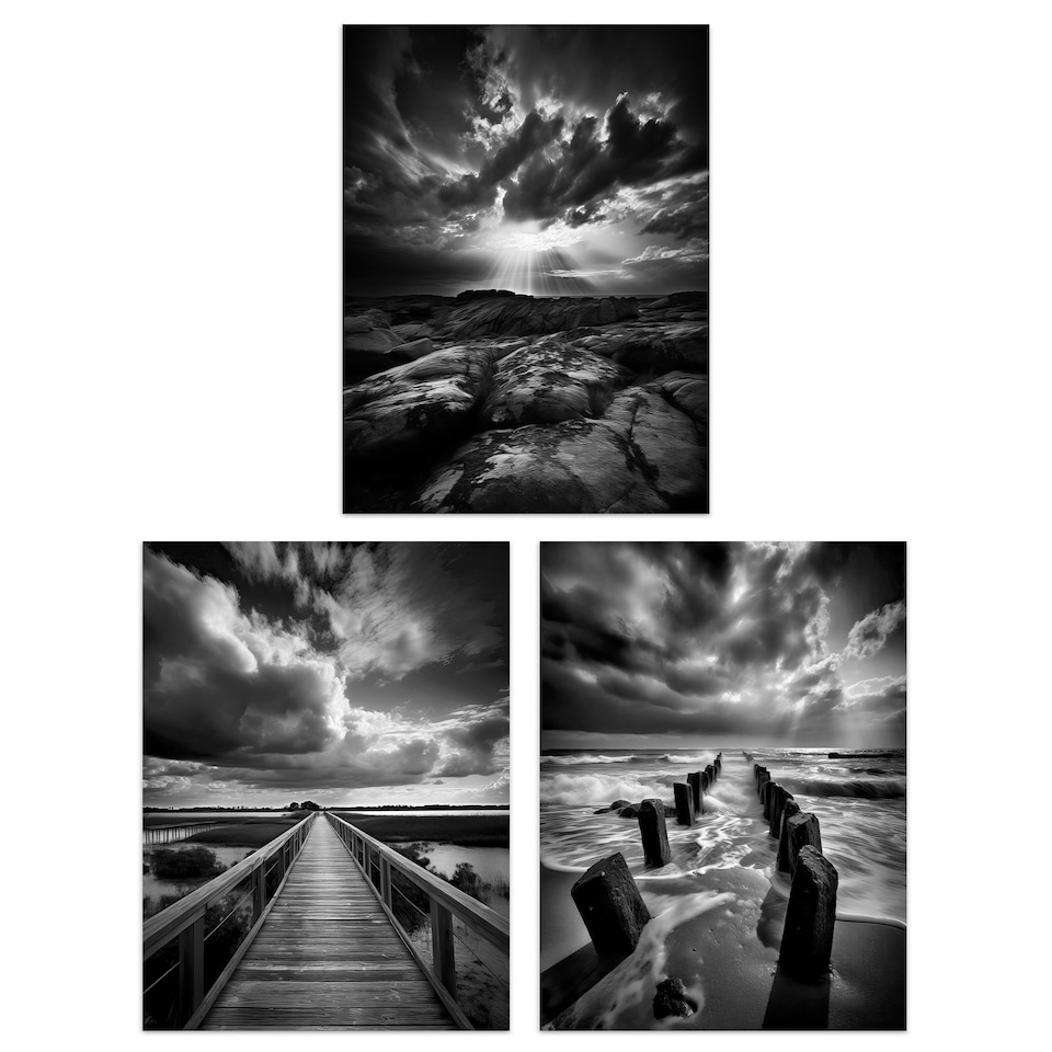 image 1 of Set of 3 Clouds Black White Photographs Dramatic Coastal Landscapes Wall Art Print A4