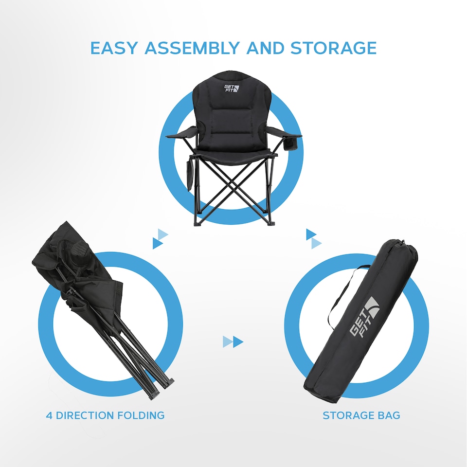 image 1 of Get Fit Premium Folding Camping Chair - Thick Padded With Magazine Pocket, Cup Holder & Carry Bag - Lightweight 3Kg - Capacity 130Kg - Single | Black | 1