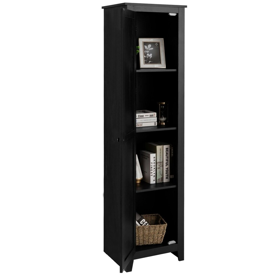 image 1 of COSTWAY Wood Tall Storage Cabinet 4 Tires Display Organizer Black