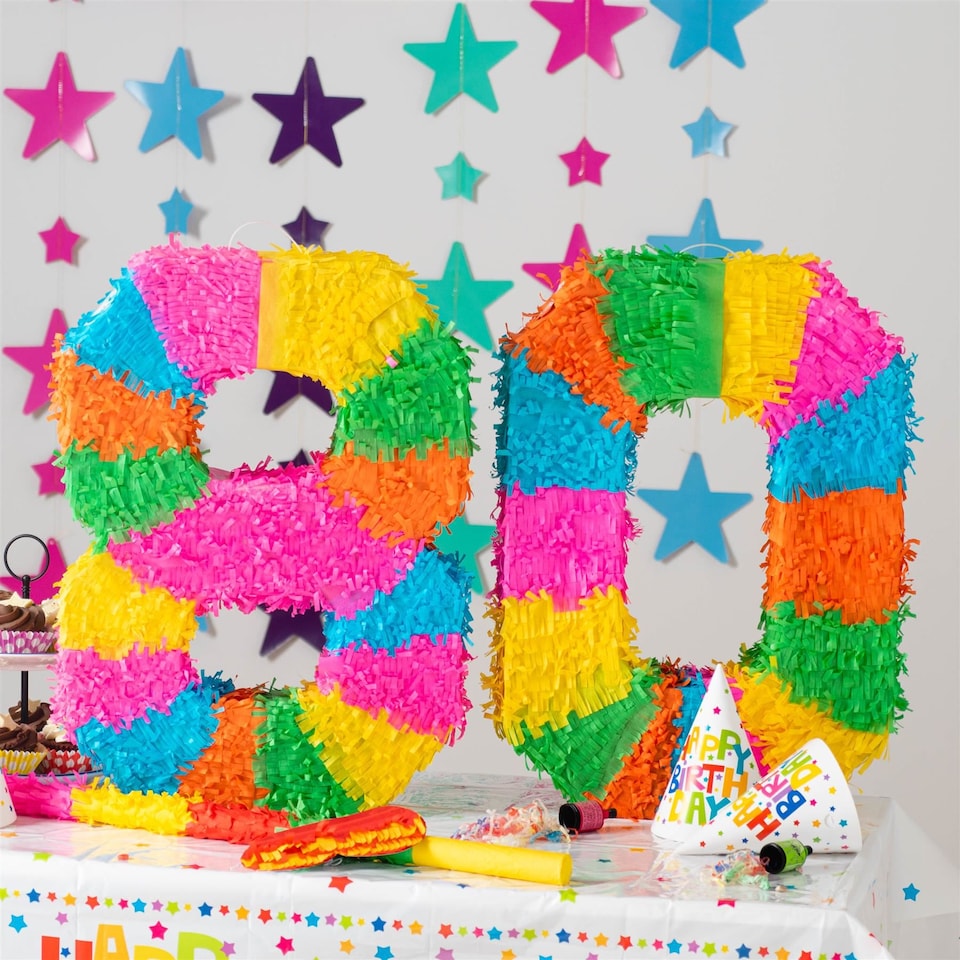 image 1 of Fax Potato 80th Birthday Pinata Set with Stick & Blindfold - Pink Stick