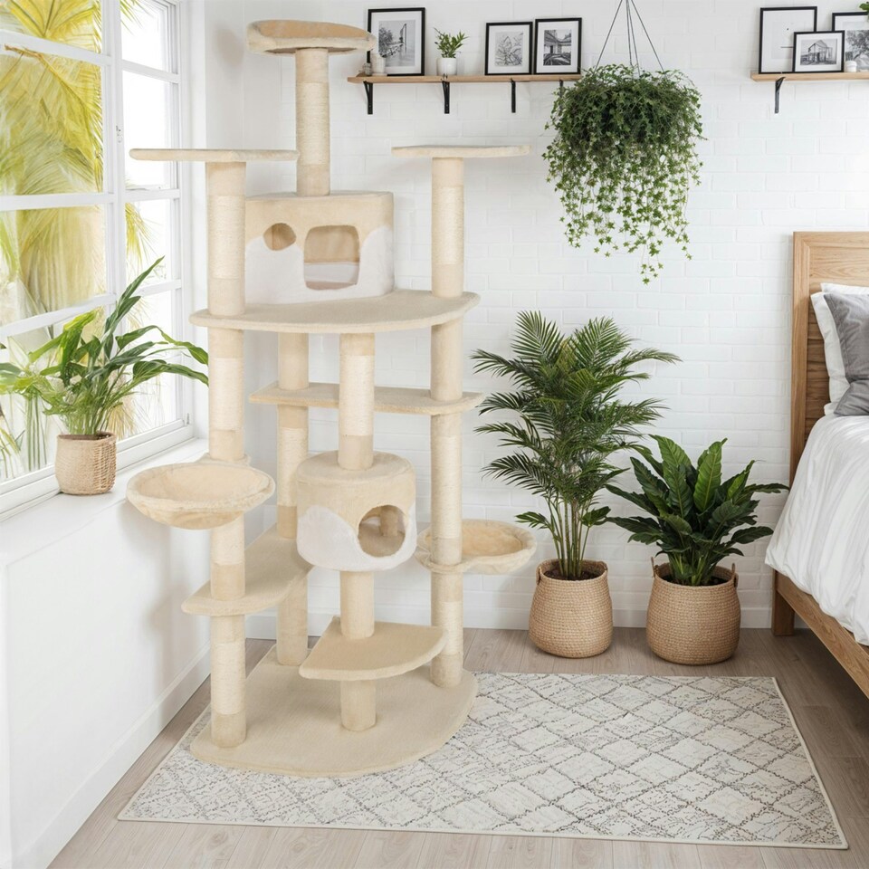 image 1 of Cat Tree Fippi - 201 cm tall, sisal cat scratching post, toy & anti-tip bracket - Beige/White