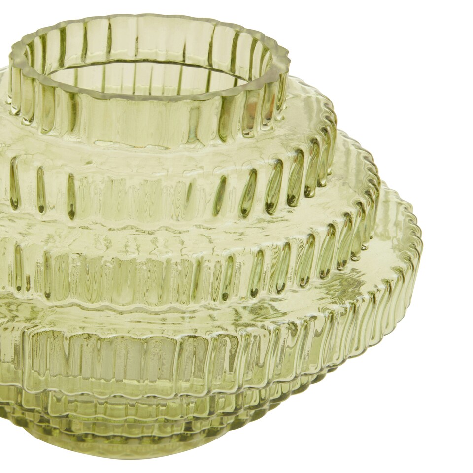 image 1 of Interiors by Premier Tiered Small Green Glass Vase, Eye Catching Layered Modern Vase, Ribbed Glass Vase, Decorative Vase Green