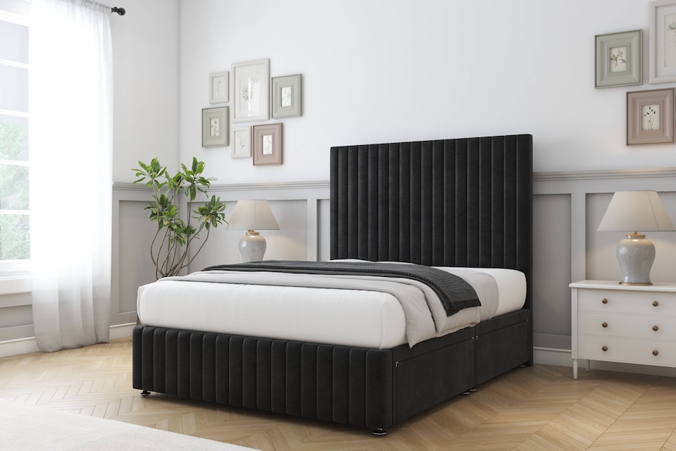 image 1 of Sloomy Madison Black Plush Divan Bed Base No Drawers With 54 Inch Floor Standing Headboard & 12 Inch Matching Footboard | Black | Black | Double | 1