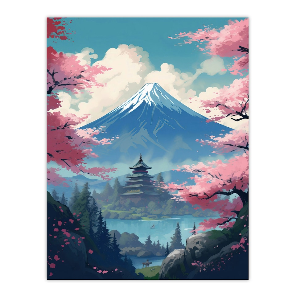 image 1 of Japanese Temple Mount Fuji Lake Cherry Blossoms Art Oak Wood Framed Wall Print