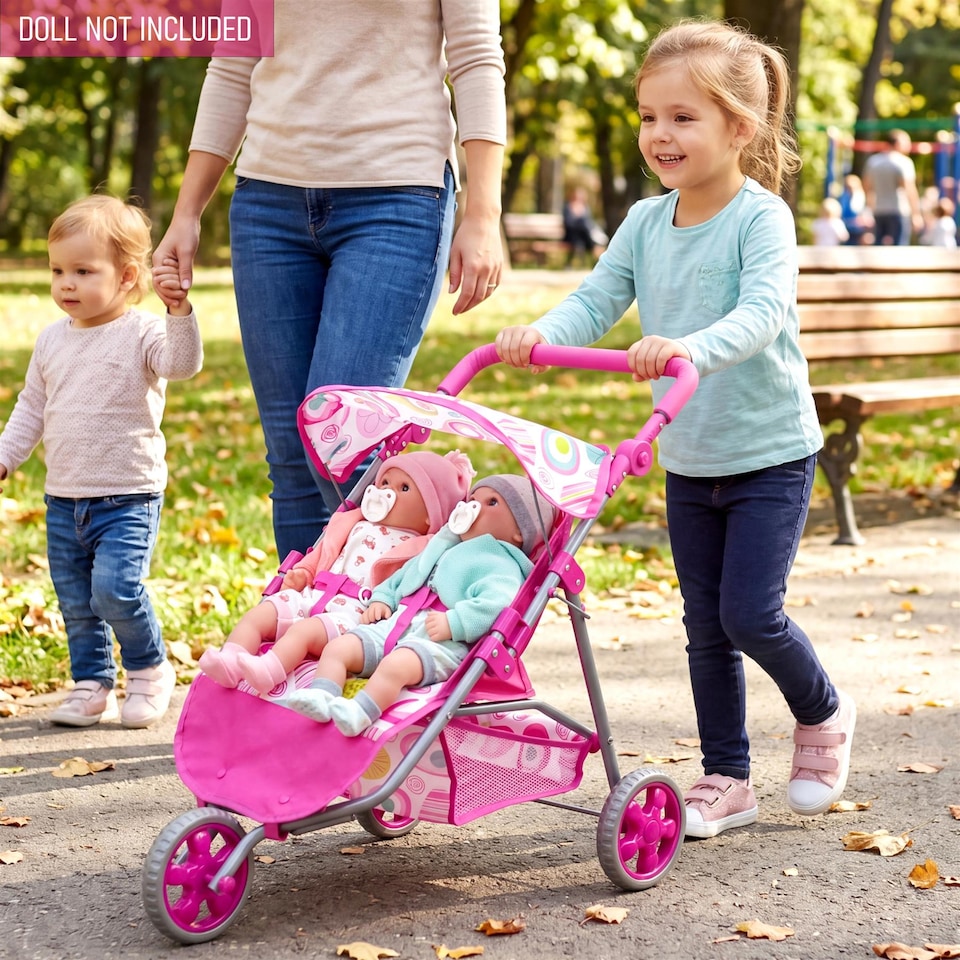 image 1 of BiBi Doll 3 Wheeler Twin Dolls Pink Pushchair Toy with Canopy & Basket For Up To 20" Dolls