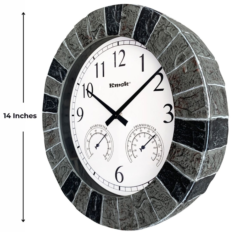 image 1 of 13.5" Faux Slate Waterproof Indoor/Outdoor Wall Clock with Thermometer & Hygrometer