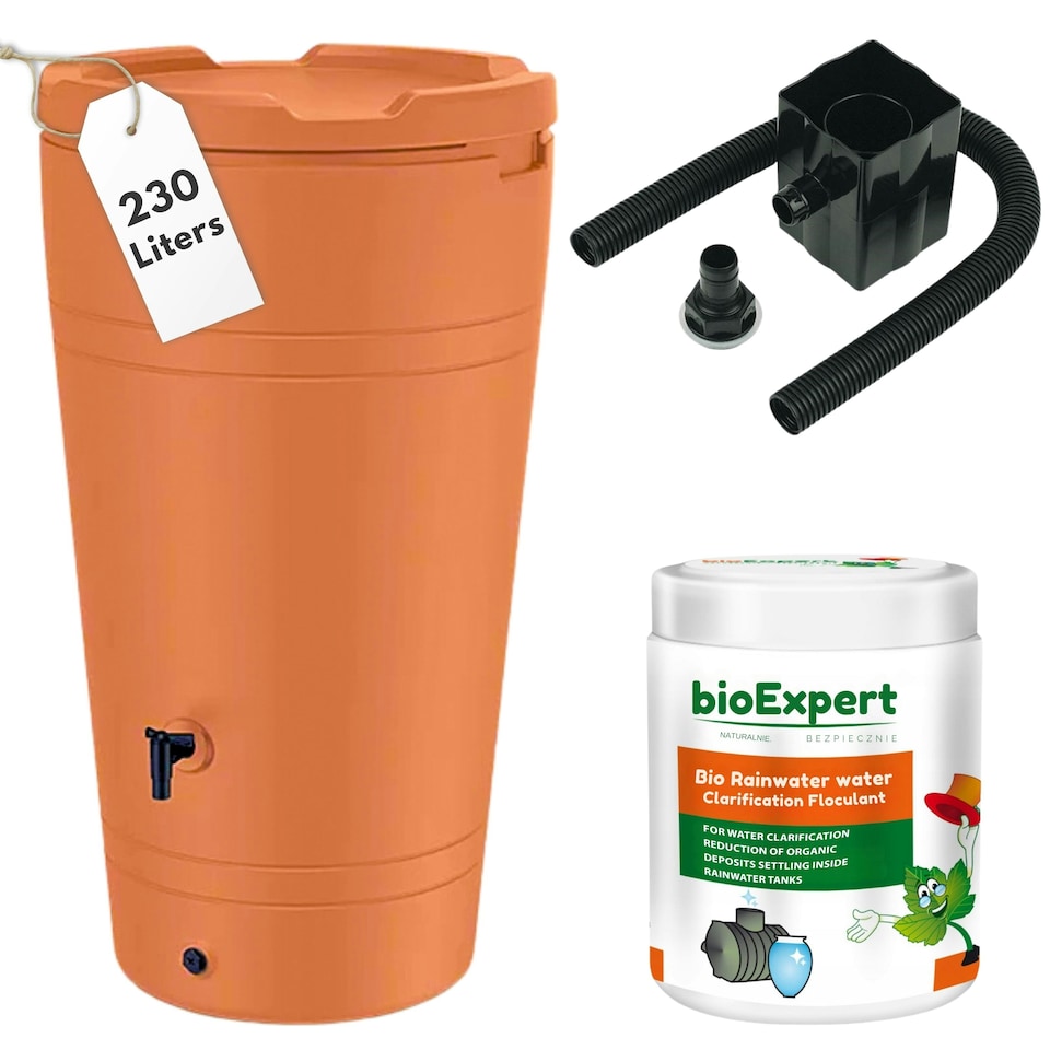 image 1 of Water Butt Kit with Tap, Diverter & Bio Cleaner –  Rainwater Collector for Garden, Balcony & Terrace – Durable Plastic Water Storage Tank | Grey | 350L