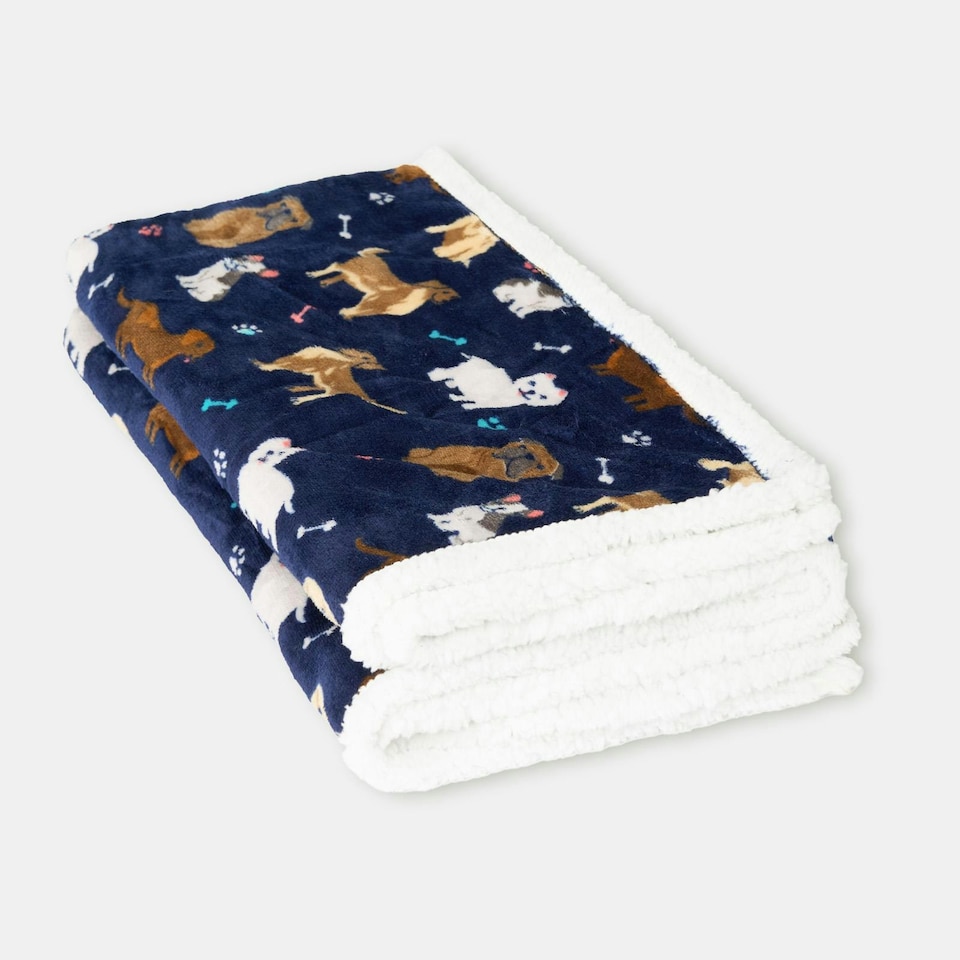 image 1 of OHS Dog Print Sherpa Fleece Reverse Pet Blanket Throw, 100x120cm - Navy Blue