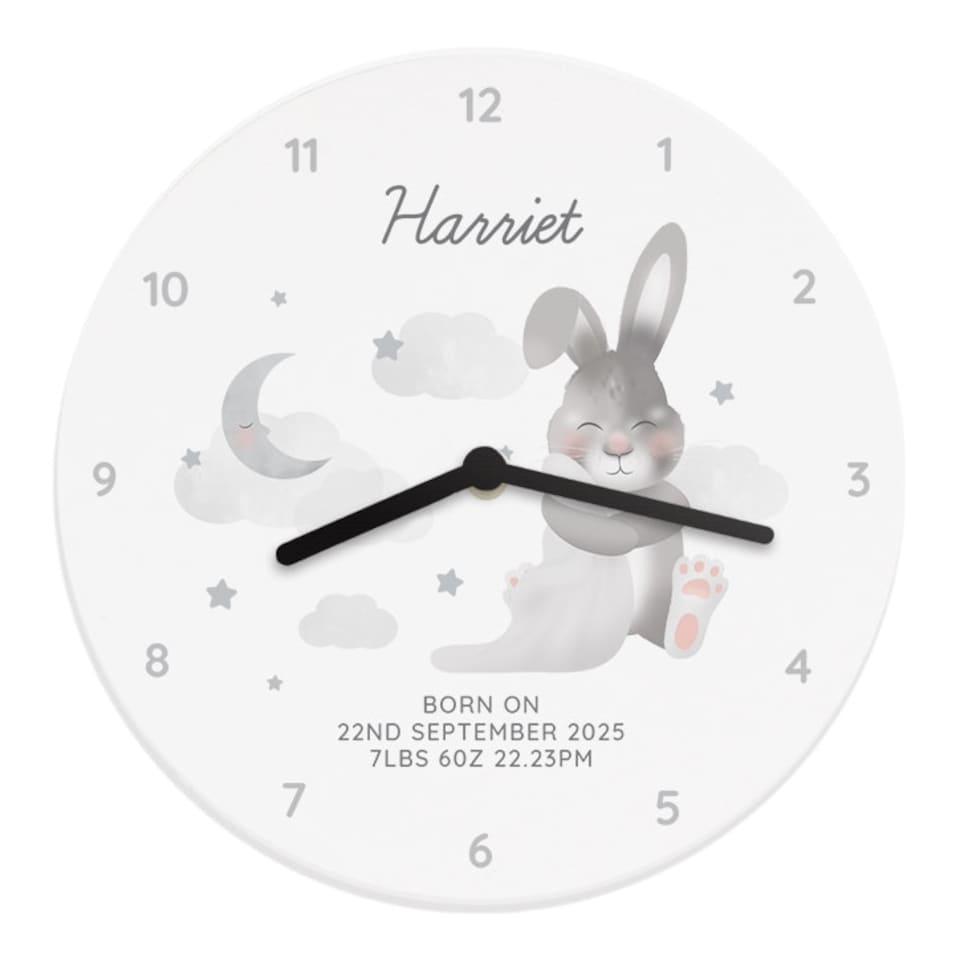 image 1 of Personalised Baby Bunny White Wooden Clock