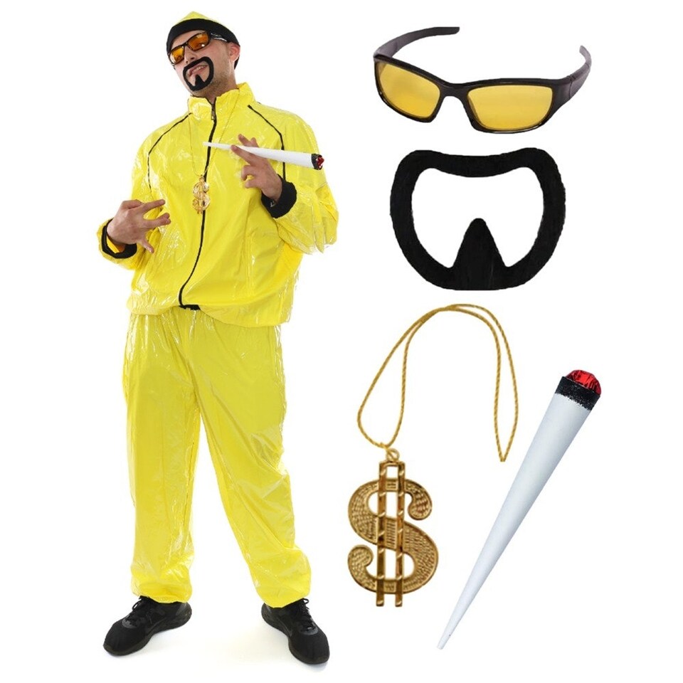 image 1 of 90's Rapper Costume - Hat, Glasses, Goatee, Dollar Chain & Spliff Yellow | L