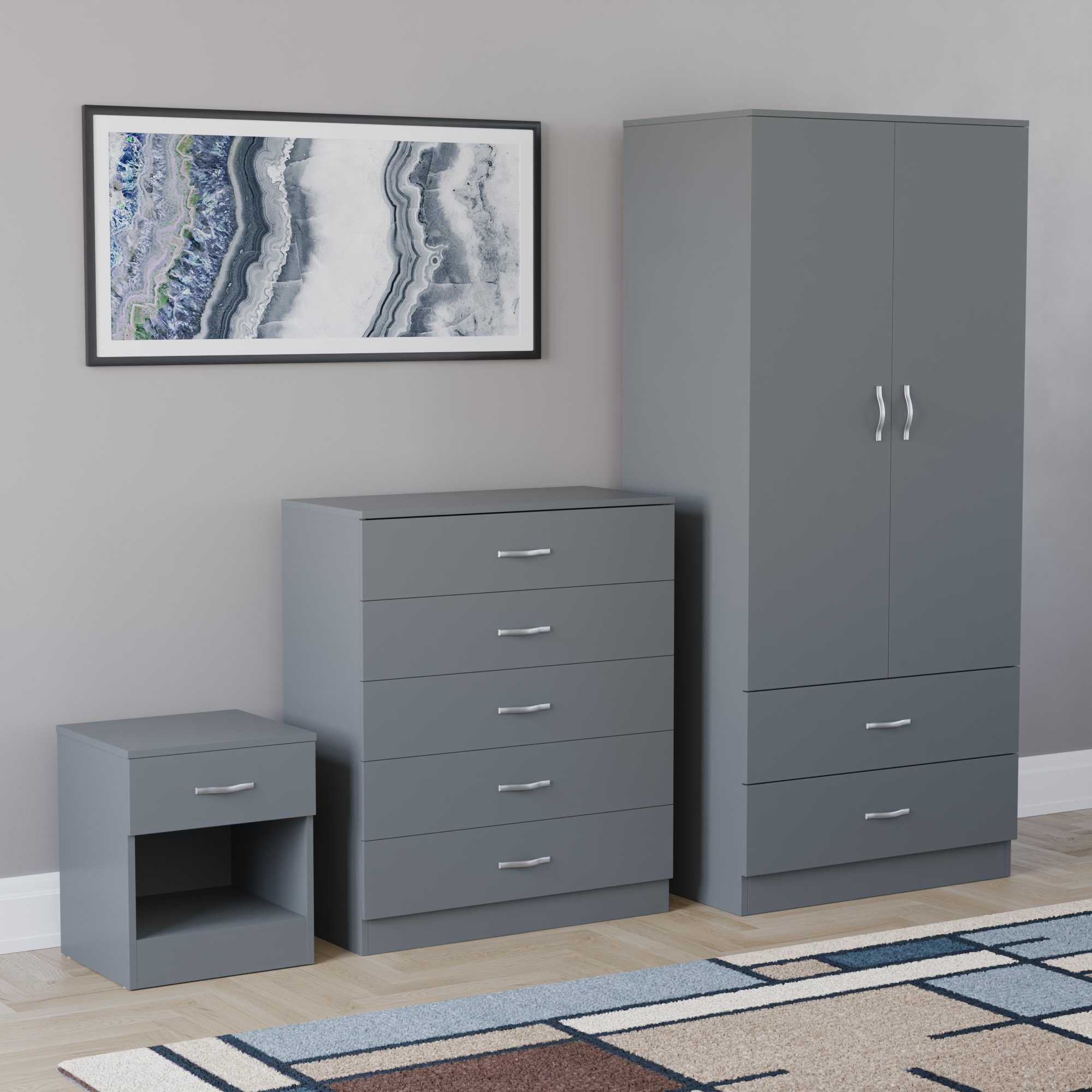 Vida Designs Riano 3 Piece Bedroom Set (1 Drawer Bedside Chest, 5 Drawer Chest, 2 Door 2 Drawer Wardrobe) - Grey