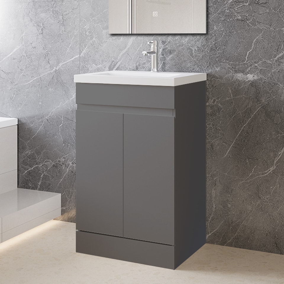 image 1 of AICA 500mm Matte Anthracite Bathroom Vanity Unit With Basin Double Door Floor Standing Design Flat Packed