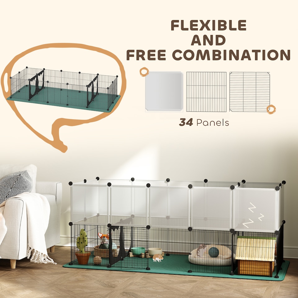 image 1 of PawHut Pet Playpen with Waterproof Mat, DIY Small Animal Enclosure 34 Panels | Black | Black | 175 x 70 x 70 cm