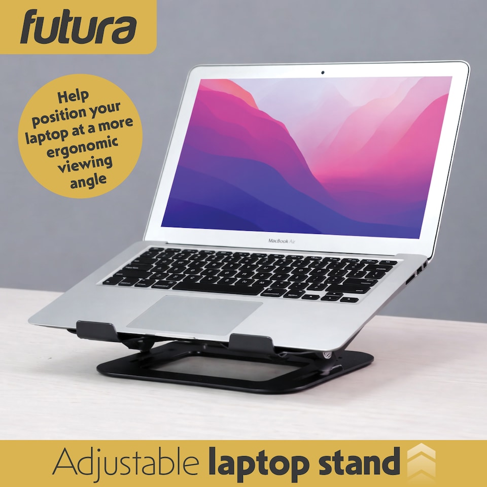 image 1 of Futura Laptop Stand Adjustable Portable Riser, Black Foldable Aluminium Holder for MacBook AirPro and 11 to 17 inch Laptops | Black | Black | One Size | 1