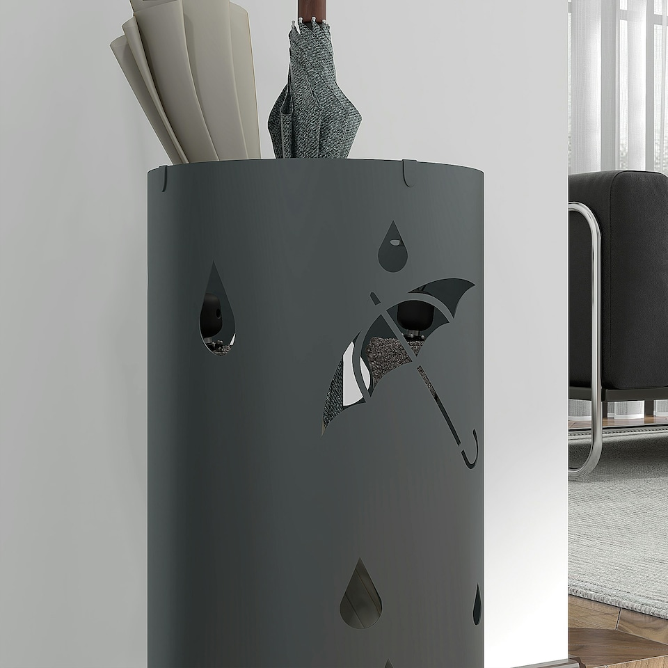 image 1 of HOMCOM Metal Umbrella Stand, Hollowed Umbrella Basket with 4 Hooks and Drip Tray