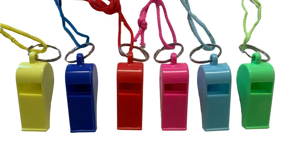 image 1 of Bag of 100 Blue Plastic Whistles with Lanyard Neck Cord