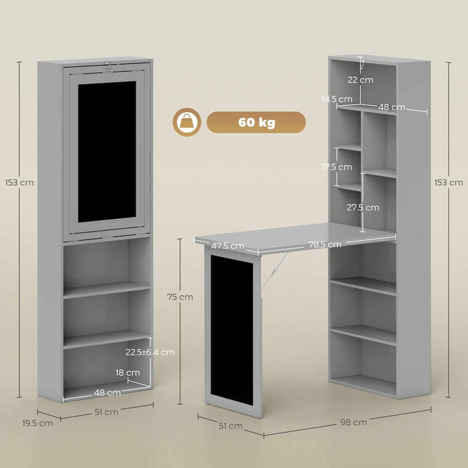 image 1 of HOMCOM Folding Convertible Desk with Blackboard and Bookshelf, Grey