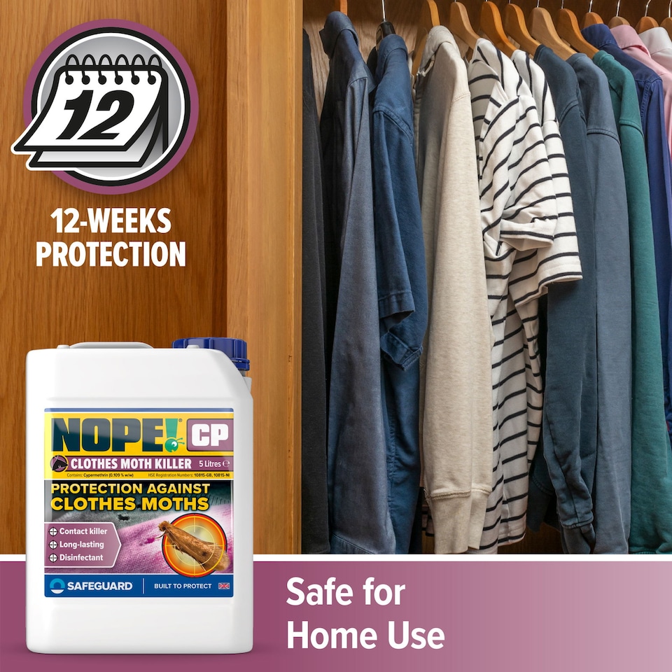 image 1 of NOPE CP Moth Killer (5L & Sprayer) Fast acting, Odourless, Long-lasting Moth Repellent for Home, Clothes, Wardrobe, Room & Carpets