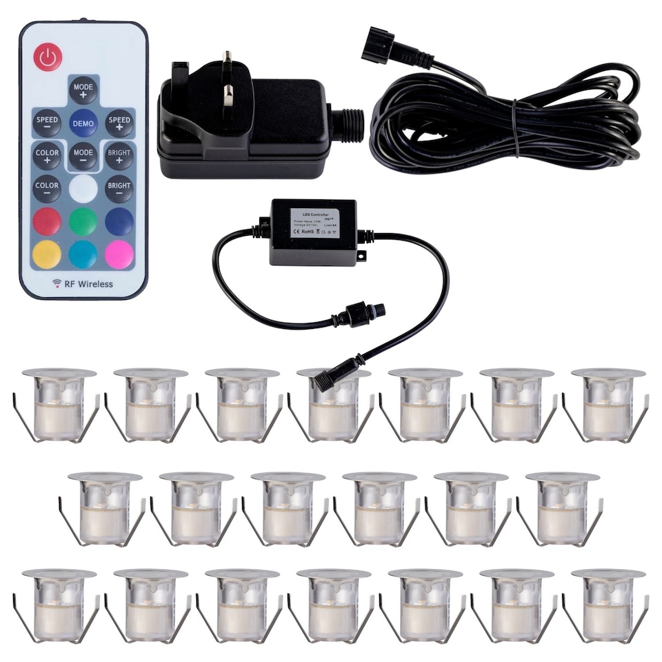 image 1 of Set of 20 - 30mm Stainless Steel IP67 Colour Changing LED Decking Kit | Chrome | Clear | 20