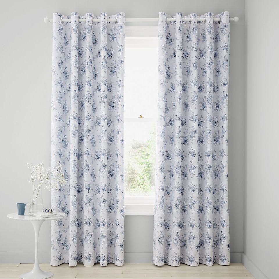 image 1 of Catherine Lansfield Lucie Floral Frill Fully Reversible Eyelet Curtains | Blue | 66x90"