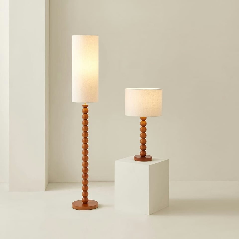 image 1 of ValueLights Wyatt Natural Linen Tall Lamp Shade Walnut Wood Bobbin Floor Lamp | Cream