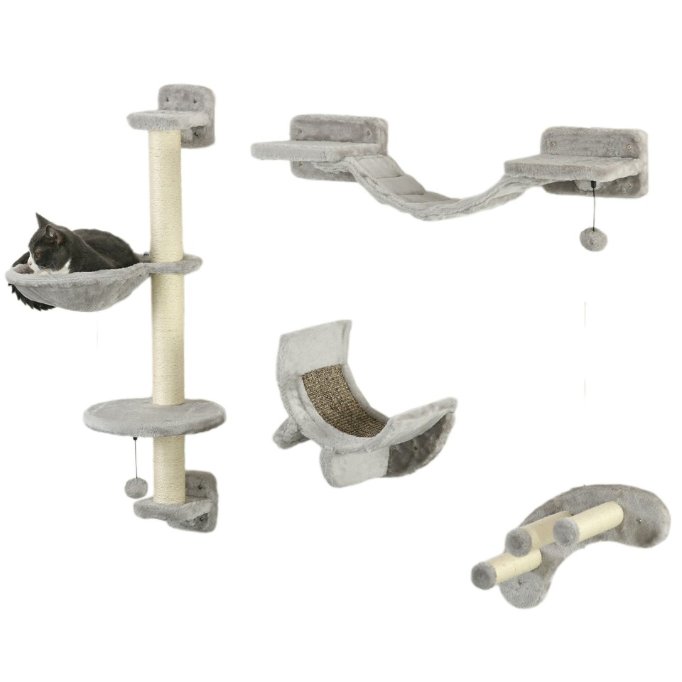 image 1 of PawHut 4 Piece Cat Wall Furniture Hammock Ladder Steps Plush Sisal Grey