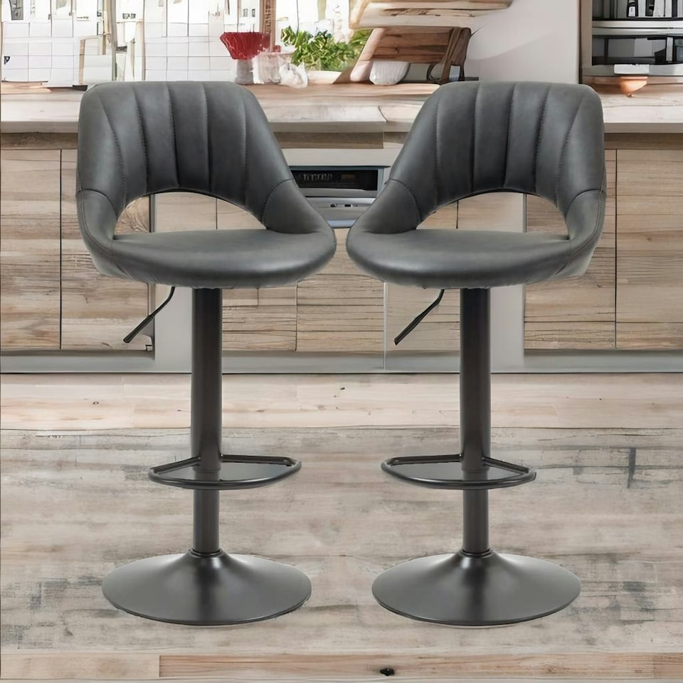 image 1 of 2PC Height Adjustable 360 PU Leather Swivel Barstools Set Black | Black