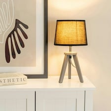 ValueLights Jackson Pair of Grey Wood Tripod Table Lamps with Black Shades