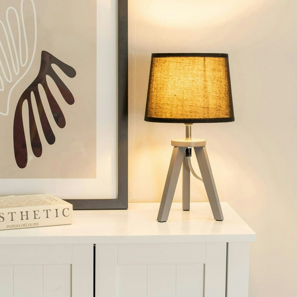 image 1 of ValueLights Jackson Pair of Grey Wood Tripod Table Lamps with Black Shades
