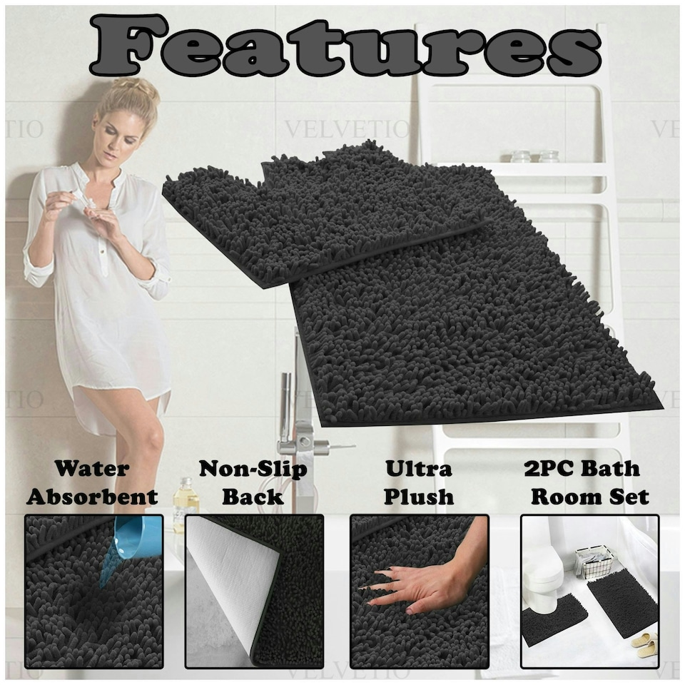 image 1 of VELVETIO Loop Bath Set Anti Slip Water Absorbent Soft Bathroom Rugs Grey | Charcoal