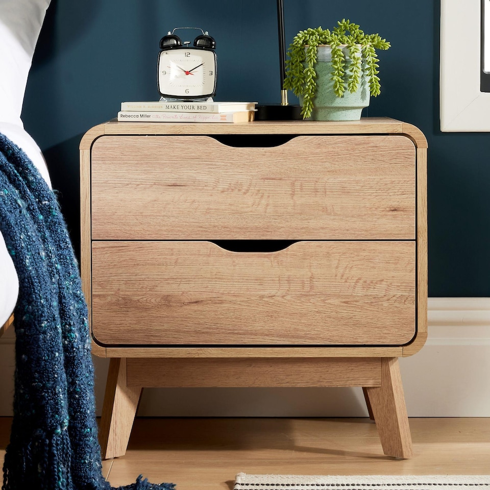 image 1 of 2 Drawer Bedside Oak Effect Scandi Legs Bedroom Furniture Nightstand Table Unit