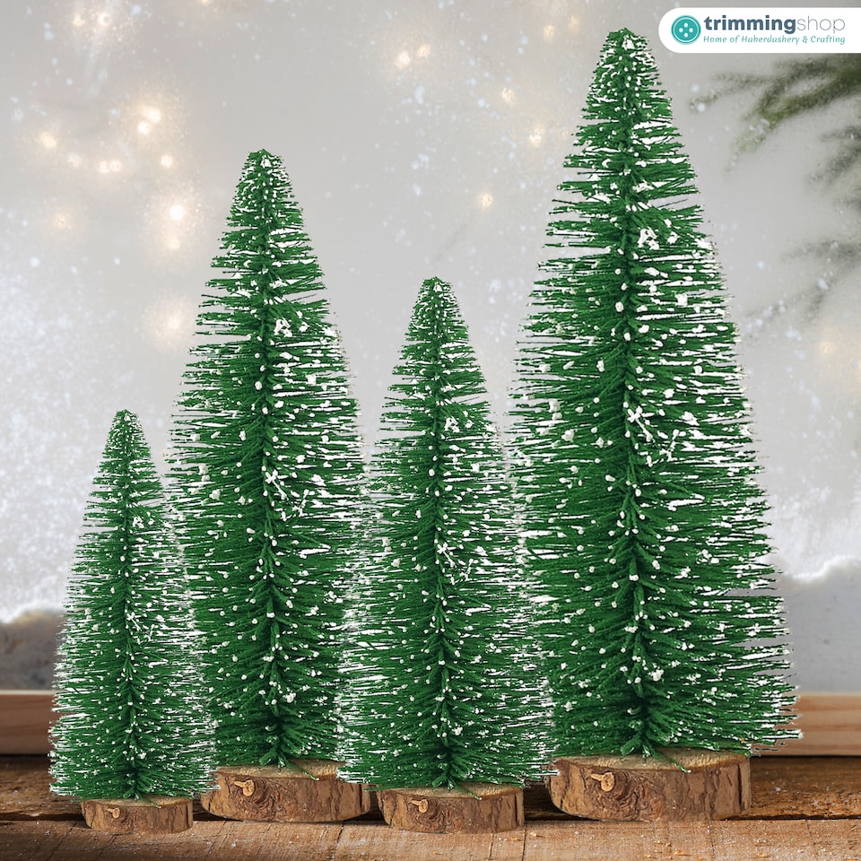 image 1 of Miniature Christmas Trees with Wooden Base for Xmas Village - 4pcs