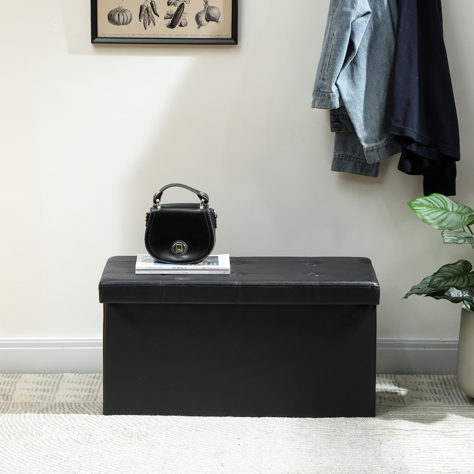 image 1 of HOMCOM Storage Ottoman Bench, 89L PU Leather Folding Foot Rest Stool, End of Bed Bench, Easy Assembly, for Living Room, Bedroom, Entryway, Black | Black