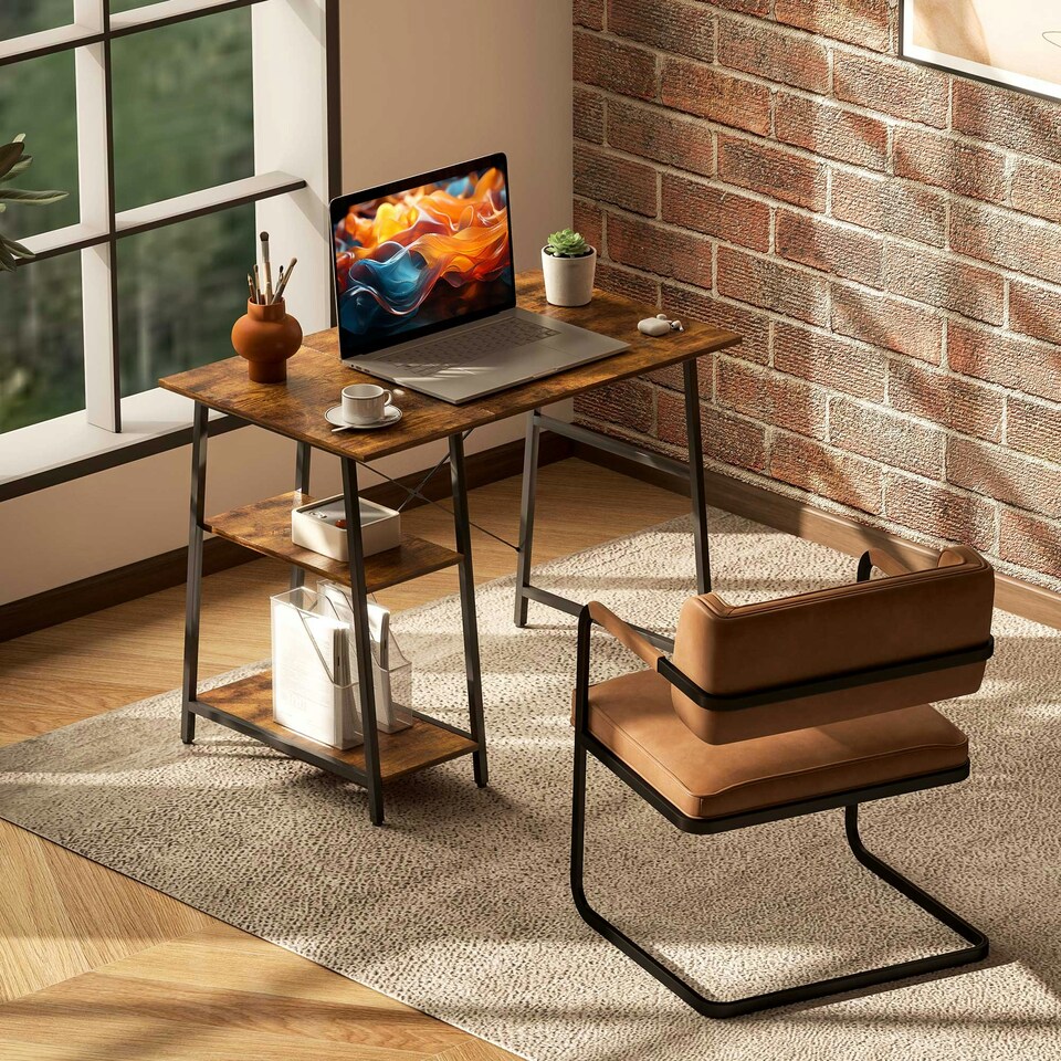 image 1 of HOMCOM 120cm Computer Table with Shelves and Steel Frame, Rustic Brown | Brown | Black | 120W x 60D x 76H cm