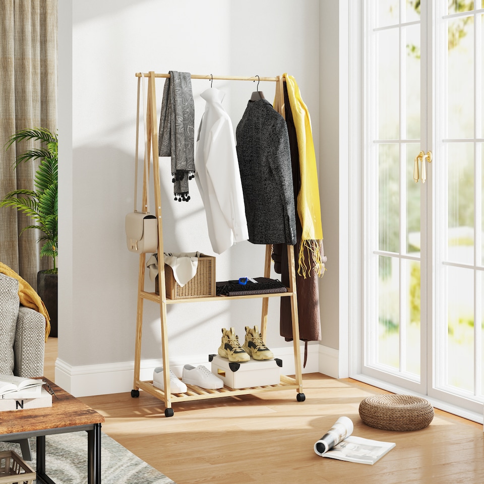 image 1 of HOMCOM Bamboo Clothes Rail Rack with 2 Storage Shelves and 2 Hooks, Freestanding Open Wardrobe Coat Stand with Wheels for Entryway, Bedroom, Natural Wood Effect