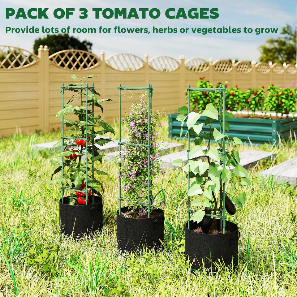 image 1 of Outsunny 3 Packs Tomato Cages with 83.7L Grow Bags, 120cm Plant Stakes | Green | Green