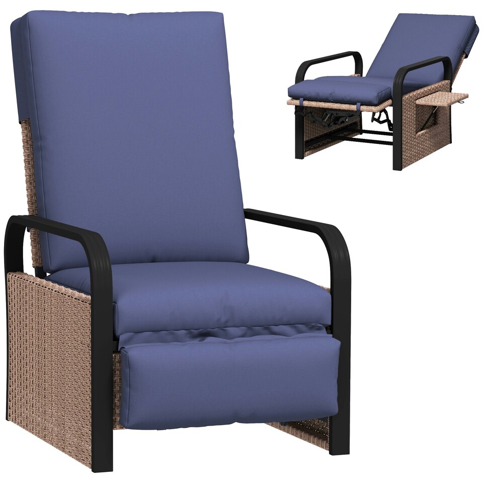 image 1 of Outsunny Rattan Garden Recliner Chair Sun Lounger w/ Side Tray Grey