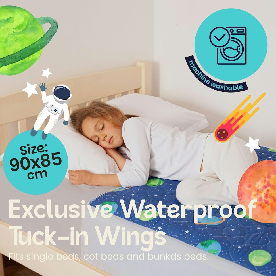 image 1 of Toddler Potty Training Bed Pad with Tucks - Soft Waterproof Bedwetting Pee Protector Mat for Kids - Multi-Layer Non-Slip Washable Absorbs Up to 2000ml 90 x 85cm Blue | Astronaut | Single