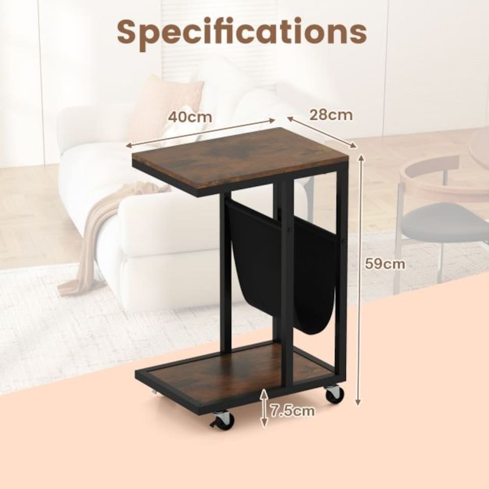 image 1 of COSTWAY C-shaped Side Table on Wheels with Storage Pouch Brown