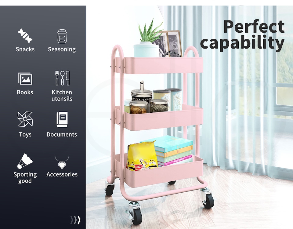 image 1 of Levede 3 Tiers Kitchen Trolley Cart | White | White