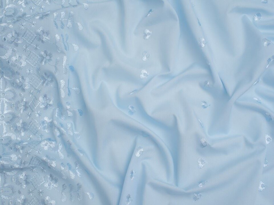 Blue Double Border Broderie Anglaise Cotton Fabric for Dressmaking, 150cm / 59" Wide - per metre
